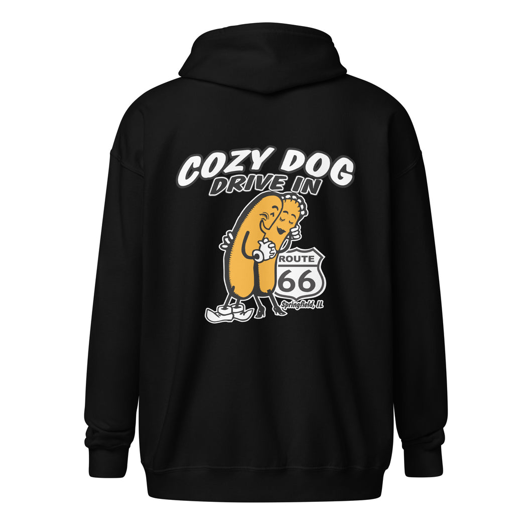 Unisex heavy blend zip hoodie with Cozy Dog Logo on Back