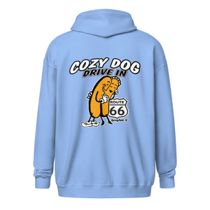 Unisex heavy blend zip hoodie with Cozy Dog Logo on Back