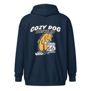 Unisex heavy blend zip hoodie with Cozy Dog Logo on Back
