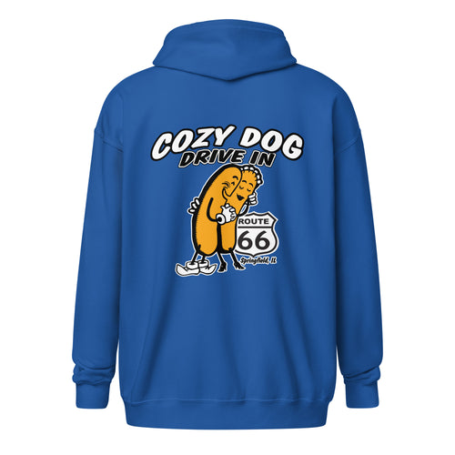 Unisex heavy blend zip hoodie with Cozy Dog Logo on Back