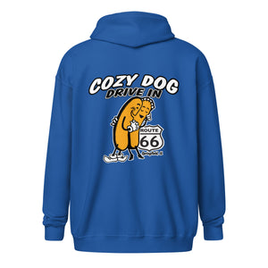 Unisex heavy blend zip hoodie with Cozy Dog Logo on Back
