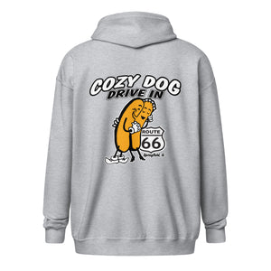 Unisex heavy blend zip hoodie with Cozy Dog Logo on Back