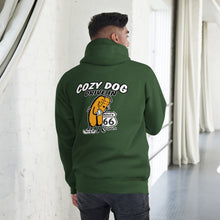 Load image into Gallery viewer, Unisex Hoodie with Cozy Dog Logo with Rt66 Shield on back