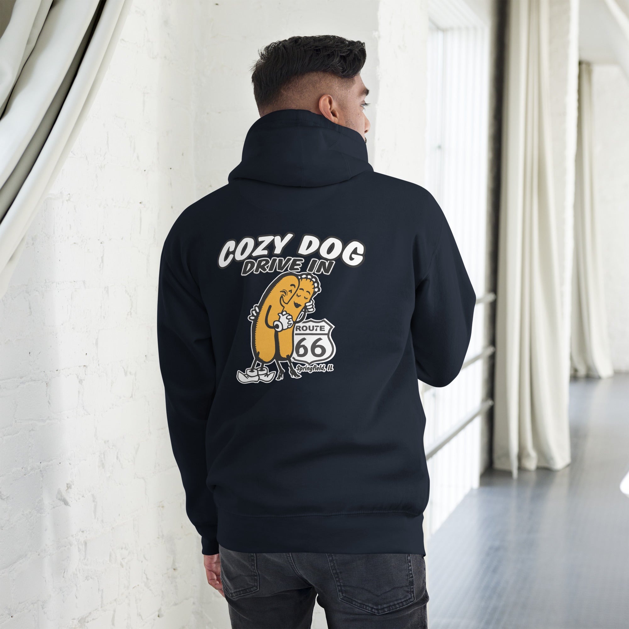 Unisex Hoodie with Cozy Dog Logo with Rt66 Shield on back Cozy Dog Drive In