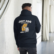 Load image into Gallery viewer, Unisex Hoodie with Cozy Dog Logo with Rt66 Shield on back